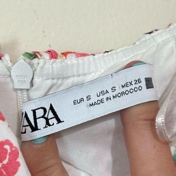 Zara Pink Floral White Ruffled & Ruched Mini Dress SIZE SMALL - Picture 4 of 5